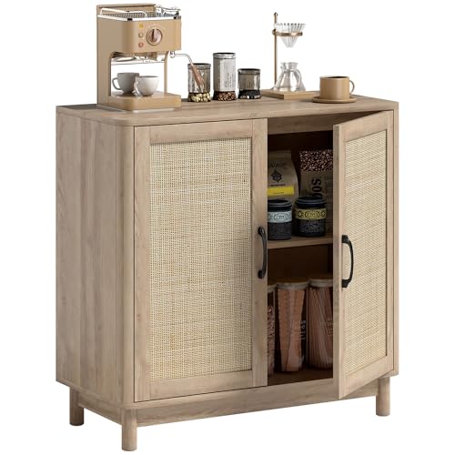 HOMCOM Buffet Salon, Meuble de Rangement avec 2 Portes en rotin, étagère réglable et Bords arrondis, Style bohème, Buffet Salle à Manger et Cuisine, 76 x...