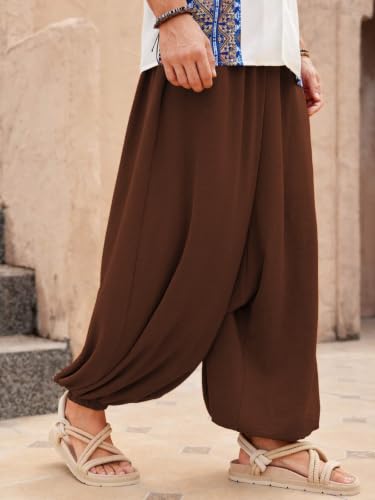 Image of Leriya Fashion Men's Boho Hippie Harem Pants | Black Printed Wide-Leg Trousers | Koren Streetwear Loose Baggy Fit Summer Lounge Yoga Lowers | Men's Solid Cowl Dhoti Pants | Relaxed Fit Draped Harem