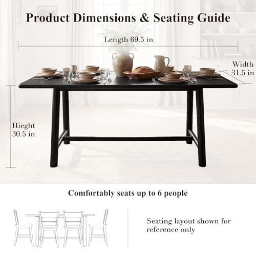 Image of Ya-Home Black Dining Table, 69 inch Wood Kitchen Table with Solid Wood Legs, Seats 4-6, Modern Farmhouse Dinner Table for Dining Room Home Office, 69 inch L x 31.5 inch W x 30 inch H