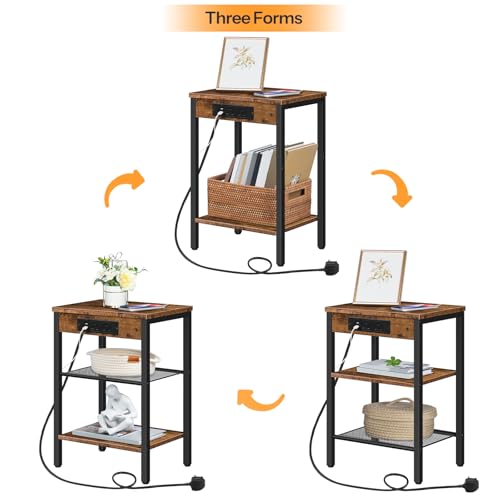 HOOBRO Side Table with Charging Station, Narrow Bedside Table with 2 Sockets and 2 USB Ports, 3-Tier Nightstand with Adjustable Shelf, Slim Sofa Tables End Tables, Rustic Brown and Black EBF112KBZ01 - 5