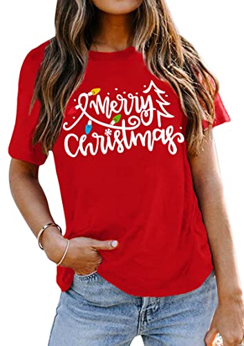Christmas Shirts Women Funny Merry Christmas Lights Graphic Tees Xmas Tree T-Shirt Holiday Tops Red