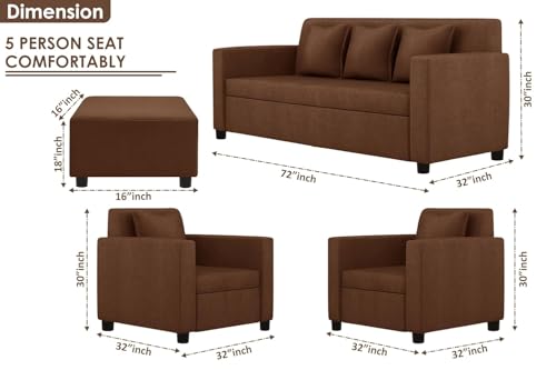 Image of 3+1+1 Seater Sofa Set with Ottoman -Modern Velvet Fabric Sofa Set for Living Room, Deep Seating Comfort with Cushions (Brown Color)