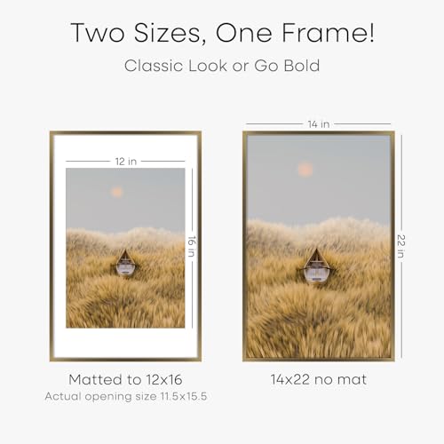 Image of Homeforia 14x22 Picture Frame Bronze, High End Metal 14x22 Brass Poster Frames with Mat 12x16 for Photo, 14 x 22 Frame Matted to 12 by 16 Print, 22x14 Hanging Frame, Tempered Glass, Wall Kit, Set of 3