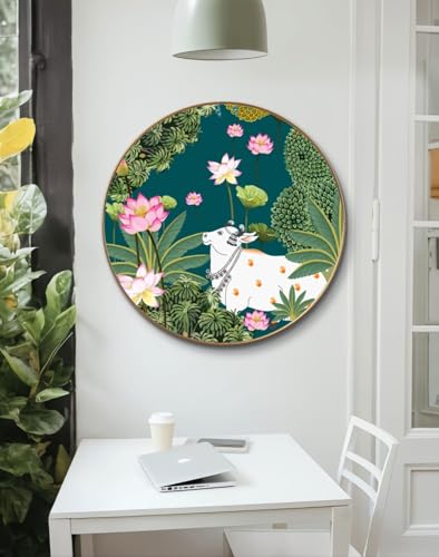 Image of SAF Large Round Pichwai Cow Wall Painting with golden frame Vinyl Sparkle laminated||Home decor Painting,Living Room, Bedroom,Office Room Decor - Painting for Wall Decoration GR-03
