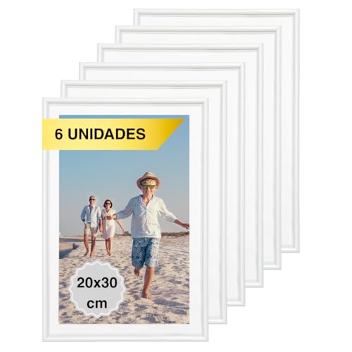 MARCOFOTO Set de 6 Marcos de Fotos - Marco Para Cuadros - Marco de Fotos - Marcos Fotos Pared con Cristal - Marco Fotos - Marcos de PVC - Color Blanco 20X30