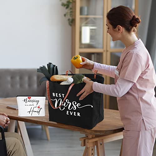 Queekay 2 Pcs Nurse Appreciation Week Gift Tote Bag Canvas Shoulder Makeup Cosmetic Bag Canvas Zipper Pouches for Nurse Assistant