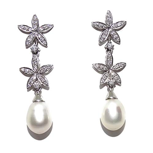 Boucles d'oreilles or blanc 18 carats avec véritables perles et zircons brillants