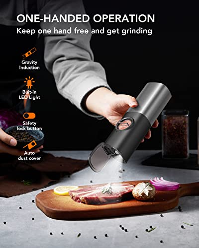 FORLIM Set macina sale e pepe elettrico, macina pepe con base ricaricabile, macina sale automatico, con granulometria regolabile, acciaio inox, per cucina e barbecue, confezione da 2, nero - immagine 4