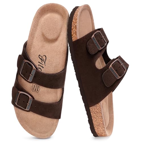 Image of FITORY Womens Flat Sandals with Cork Footbed, Open Toe Arch Support Slides Adjustable Slip On Slippers for Summer 2026 Size 6-11
