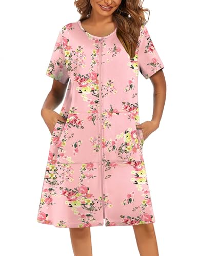 Image of Ekouaer Women Robes Lightweight House Coat Short Sleeve Floral Print Mumu House Dresses with Pockets Zipper Nightgowns