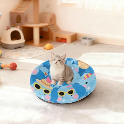 Lit pour chat bleu taille M rembourré et lavable avec éléphants animés