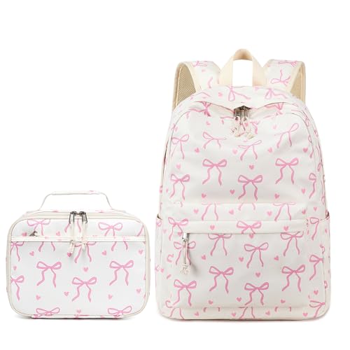 Image of LOIDOU Backpack for Teen Girls Bookbags School Backpack with Lunch Box 2 in 1 School Bags Set (Bow Tie Beige)
