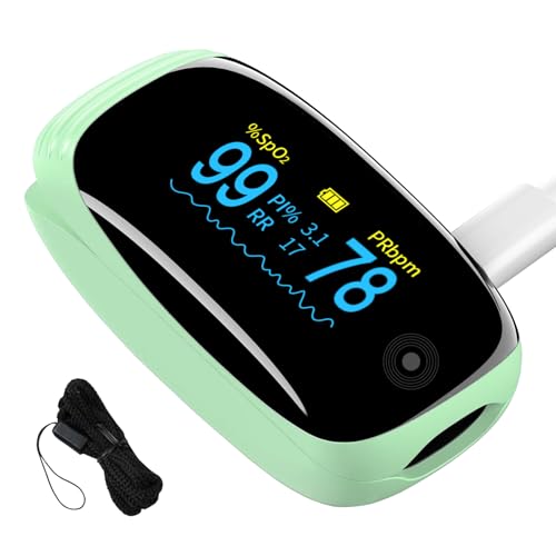 Image of Fingertip Pulse Oximeter with Respiration Rate Monitoring, PI & RR Measurements, Rechargeable Blood Oxygen Monitor with Heart Rate and Fast Spo2 Reading, Pulse Ox with OLED Display, 6 View Modes & Auto-Rotating Screen (Green)