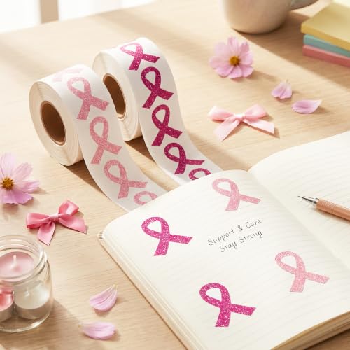 Image of Breast Cancer Awareness Sticker Rolls, 1000Pcs Glitter Pink Ribbon