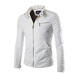 Mens Classic Pleated Leather Jacket Splicing Zipper Stand Collar Imitation Tops White
