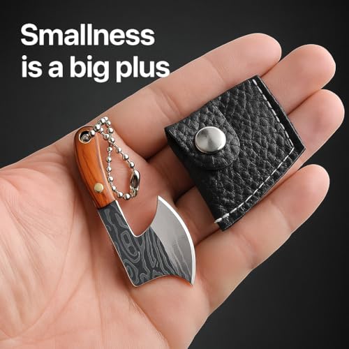 Image of Mini Knife Keychain, Real Damascus Style Tiny Chef Knives with Wooden Handle, Pocket Cleaver, EDC Miniature Weapon Keychains for Gifting, Decoration & Collectors