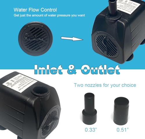 Image of Submersible Pump 160GPH 3.9ft Lift 10W 110V 2-Prong Adjustable 5 /16 inch&1 /2 inch Barb for 3-15Gal Aquariums, Outdoor Fountains