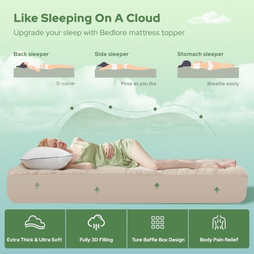 Image of BEDLORE Twin XL Mattress Topper Viscose Bamboo, Pillow Top Mattress Pad | Deep Pockets Fit 6 inch-15 inch Mattress, Soft Breathable Thick Dorm-Size Mattress Topper for Students and Hot Sleepers(Beige)