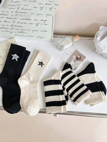 Image of Verdusa Women's 5 Pairs Striped Crew Socks Casual Athletic Socks Black and White 36-39