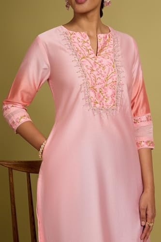Image of Taneira Women Light Pink Pure Silk Cotton Embroidered Kurta (KUAK19LPXL-Light Pink-XL)