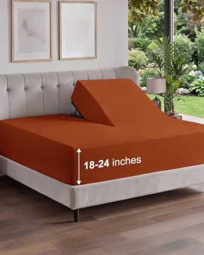 Image of Extra Deep Flex Top Split Head King Fitted Sheet - Hotel Luxury Single Fitted Sheet Only - Easily Fits 18 inch to 24 inch Mattress - Ultra Soft, Wrinkle Free w /Extra Deep Pockets - Terracotta