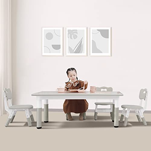 Syunoo Kids Table And Chairs Set, 49''X25'' Toddler Table And 4 Chairs Set, Height-Adjustable Toddler Desk For Boys&Girls Ages 2-8, Graffiti Child's Desk For Study Room, Classroom, Wood Grain-Mid Grey #TOP6
