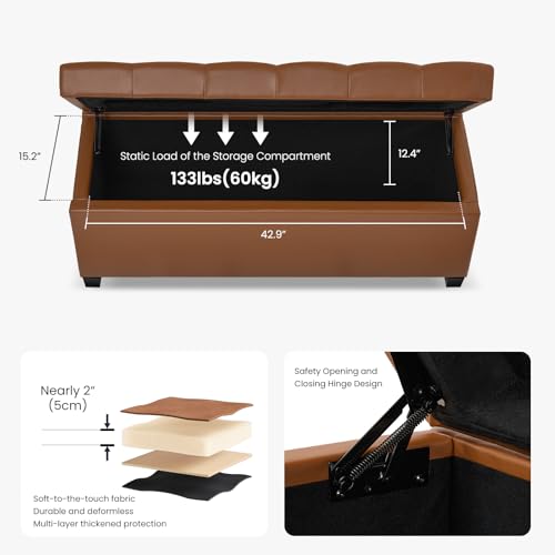 Image of Living&Giving Leather Storage Ottoman Bench for Bedroom, 47.2 inch, Brown