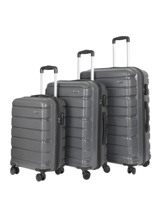 Image of Teakwood Small-Medium-Large 8 Wheels Trolley Bag, Hard Cabin with Zipper Closure, Adjustable Push Button & Cross Side Strap, TSA Lock System 360 Degree (Set of 3, Grey)
