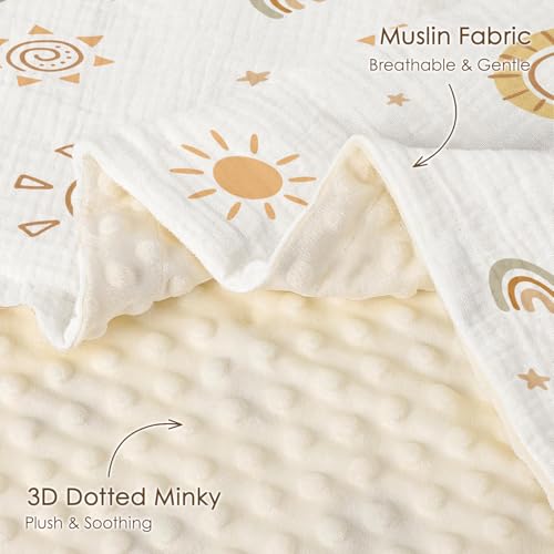 Image of Sun Baby Blankets for Boys Girls, Soft Nursery Minky Blankets with Muslin and Dotted Fleece Back 30x40 inches, Receiving Bed Quilt for Newborn, Infants, Toddlers