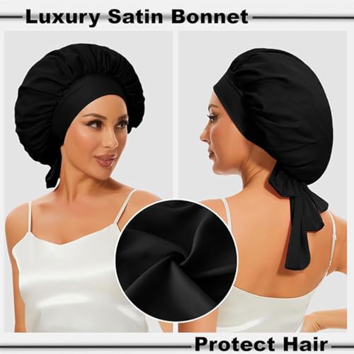 ECVV 2 Pack Silk Bonnets for Sleeping Women Satin Bonnet Hair Bonnet Night Sleep Cap for Curly Natural Hair Head Wrap Bonnets with Tie Band Pink and Black