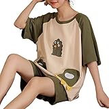 JKFDH Pyjama Damen, Lässige, Atmungsaktive Baumwollpyjamas, Niedlicher Cartoon-Dinosaurier-Druck, Kurzarm, Hotpants, Neuheit, Loungewear-Sets, Sommerkleidung Für Frauen, Teenager-Mädchen,M
