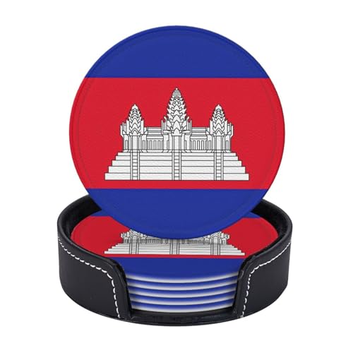 Lot de 6 sous-verres circulaires en cuir synthétique avec support, motif drapeau du Cambodge
