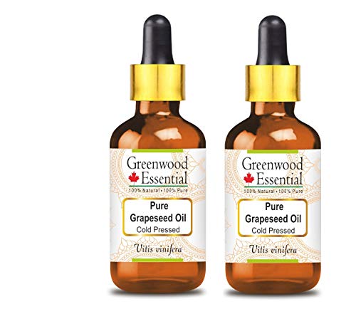 Image of Greenwood Essential Pure Grapeseed Oil (Vitis vinifera) with Glass Dropper | Cold Pressed | Natural | Undiluted | For Diluting Essential Oils | For Hair, Skin & Massage | Men & Women | 100ml X 2