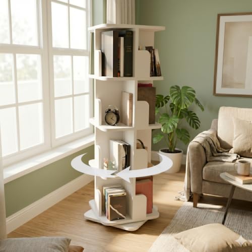Image of COGO 4 Tier Revolving Bookshelf | 360 Smooth Revolve Mechanism | 52 x 18 x 18 inch | 130 Books Capacity | 17 mm Engineered Wood | Bookcase | Showcase | Do-It-Yourself | Colour: White