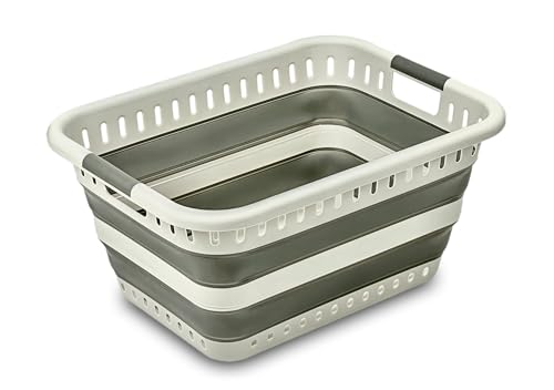 Addis Space-Saving Foldable Laundry Basket 45 litre Clothes Washing Hamper with Straight Soft-Grip Handles, White & Grey