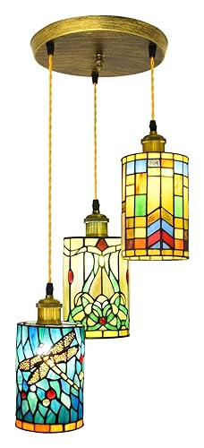 Lustre Tiffany en vitrail véritable et suspension dôme haut de gamme à trois lumières