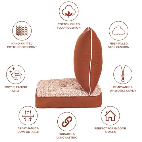Image of Brown Woven Quilted Floor Cushion Set 60x60x10 CM with Fillers & Back Cushion, Large Size for Seating, Patio Seat, Meditation, Yoga, Pooja, Guests, Living 24x24x4 Inch