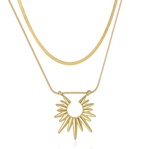 Gold Layered Necklace for Women, 14K Gold Plated Solar Pendant Necklaces Chunky Herringbone Chain Necklaces, Cuba Chain Chocker Waterproof Collarbone Chain Punk Jewelry