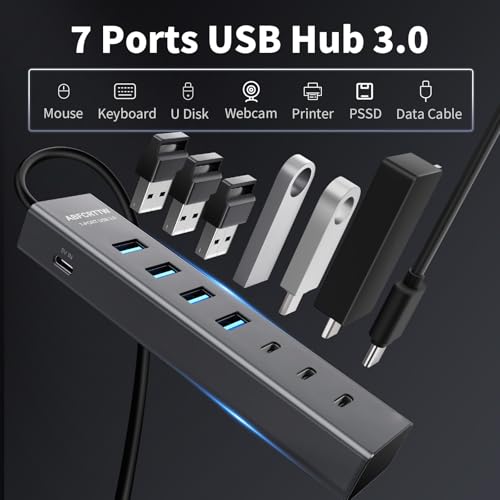 4Ft 7-Port USB Hub 3.0 for Desktop, 4 USB-A & 3 USB-C Ports Aluminium 5Gbps USB Extender Hub, USB Splitter, USB Hub Long Cable for Desktop, PC, Flash Drive, Mobile HDD SSD, Windows/XPS