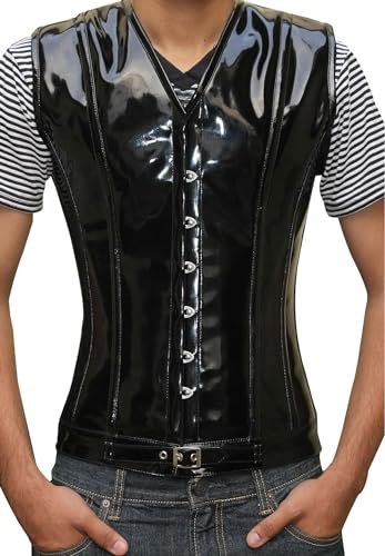 Men's Waist Trainer Corset Vest, Black PVC with Steel Boned Lacing, Waist Body Shaper Slimming Dress