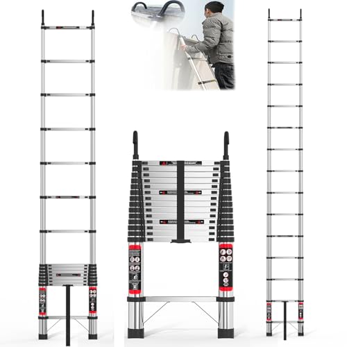 5M Teleskopleiter Klappleiter mit Haken, Edelstahl Verstärkt Leiter Ausziehbar, Tragbare Klappleiter Stehleiter Teleskop-Design mit Rutschfesten Gummifüßen, für Garten und Innen, Tragkraft 150kg