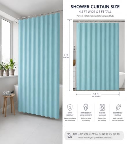 Image of CASA-NEST Polyvinyl Chloride Self Lining Design Shower Curtain with 8 Hooks (4.5feet x 8feet), (54x96 Inches), Sky Blue. Waterproof CS Lining008