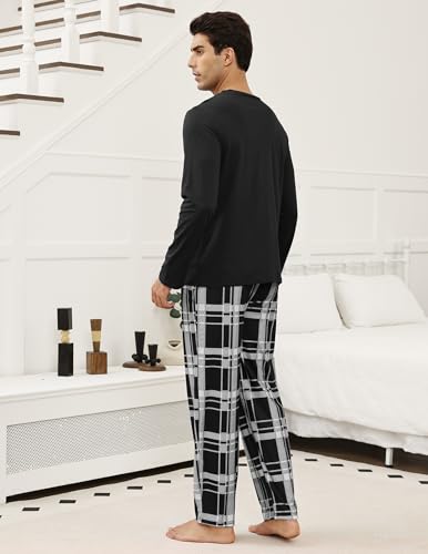 Men's Pajama Set Cotton Mens Pjs Sets Long Sleeve T-Shirt and Plaid Pants Sleepwear Lightweight Soft Loungewear4