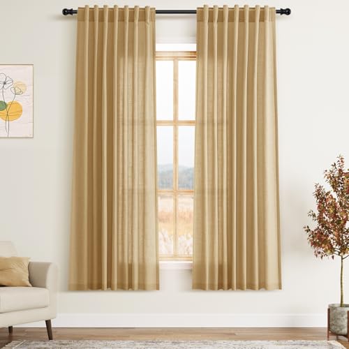 Image of Gold Yellow Linen Curtains for Living Room 63 Inches Long 2 Panel Set Light Filtering Linen Drapes for Kitchen Windows Rod Pocket Back Tab Short See Through Curtain Country Farmhouse Decor 52x63