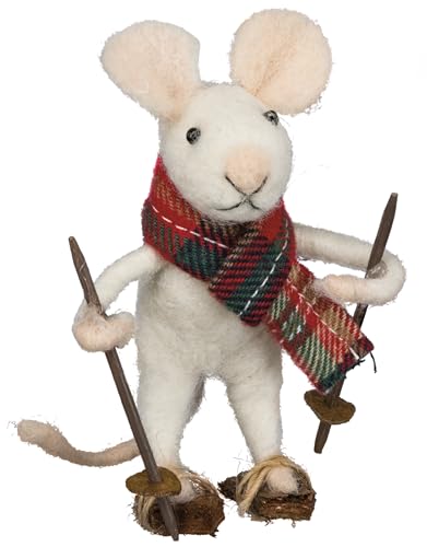 Primitives by Kathy Skiing Mouse Felt Collectible Critter, 6-Inch, Wearing Plaid Scarf This Mouse on Skis with Poles, adds a Whimsical Touch to Any Ski Lodge & Winter Cabin Decor
