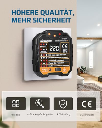 DEWENWILS Steckdosentester mit RCD-Prüfung und LCD-Voltage-Display, Kontrollleuchten-Anzeige, FI Test, 48-250V/45-65Hz, CAT ll 300V