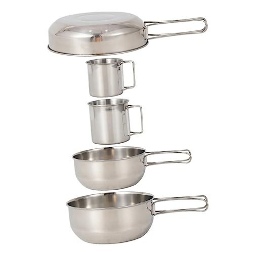 GRIRIW 5Pcs Camping Tableware Set Lightweight Stainless Steel Cups Pot for Picnics Mountaineering and Outdoor Activities Durable Easy to Clean Resistant