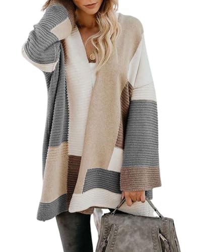 Image of chouyatou Women's Fall Geometric Color Block Open Front Cardigan Sweater Elegant Casual Oversized Coatigan Coat