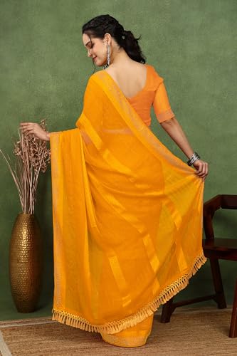 Image of MIRCHI FASHION Saree for Woman Georgette Solid with Satin Stripes | Stone Border Farewell and Ceremonial Sari with Blouse Piece