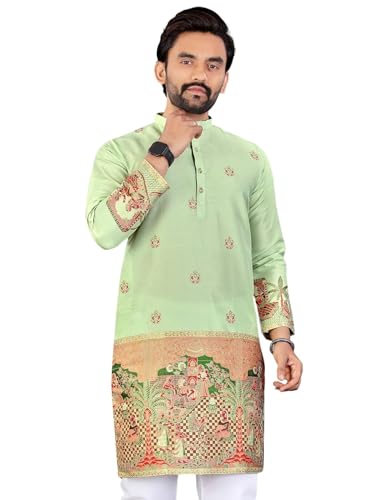 Image of Men's Cotton Silk Kurta with Jacquard Work Full Sleeves Floral Printed Side Slit and Mandarin Collar Neck | Kurta Pajama Set for Men Cotton Wedding | Short Kurta for Men
